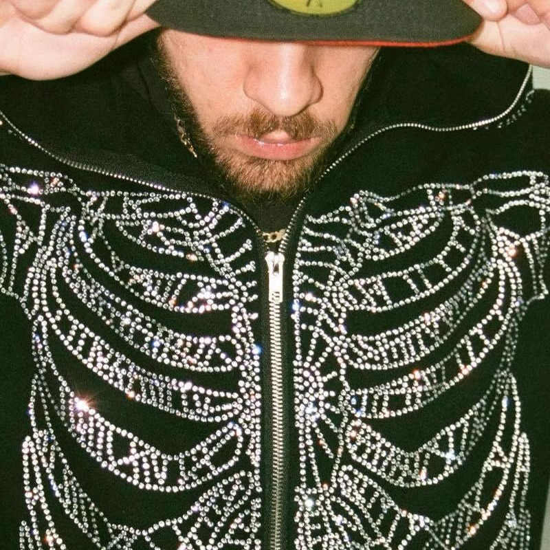 Streetwear Custom Vintage Skeleton Rhinestone Zip Up Hoodie